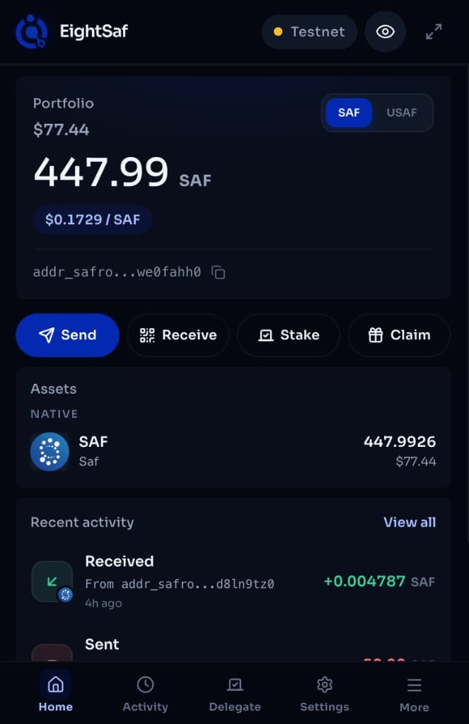 EightSaf wallet showing portfolio balance, send and receive actions, assets, and recent activity on Safrochain Testnet
